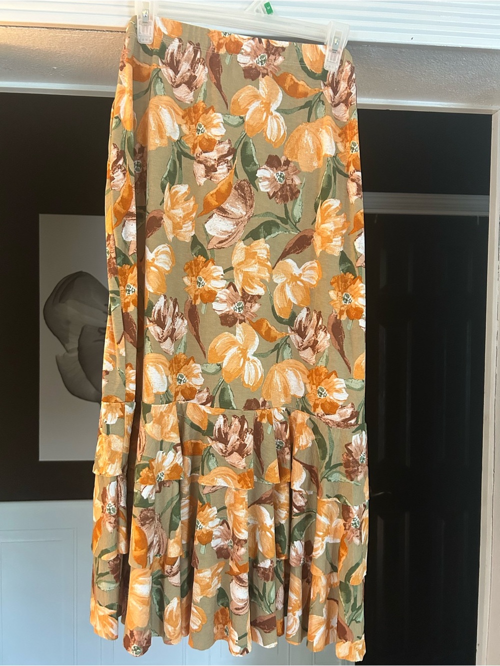 Floral Ruffle Hem Maxi Skirt - Olive & Mustard Floral
